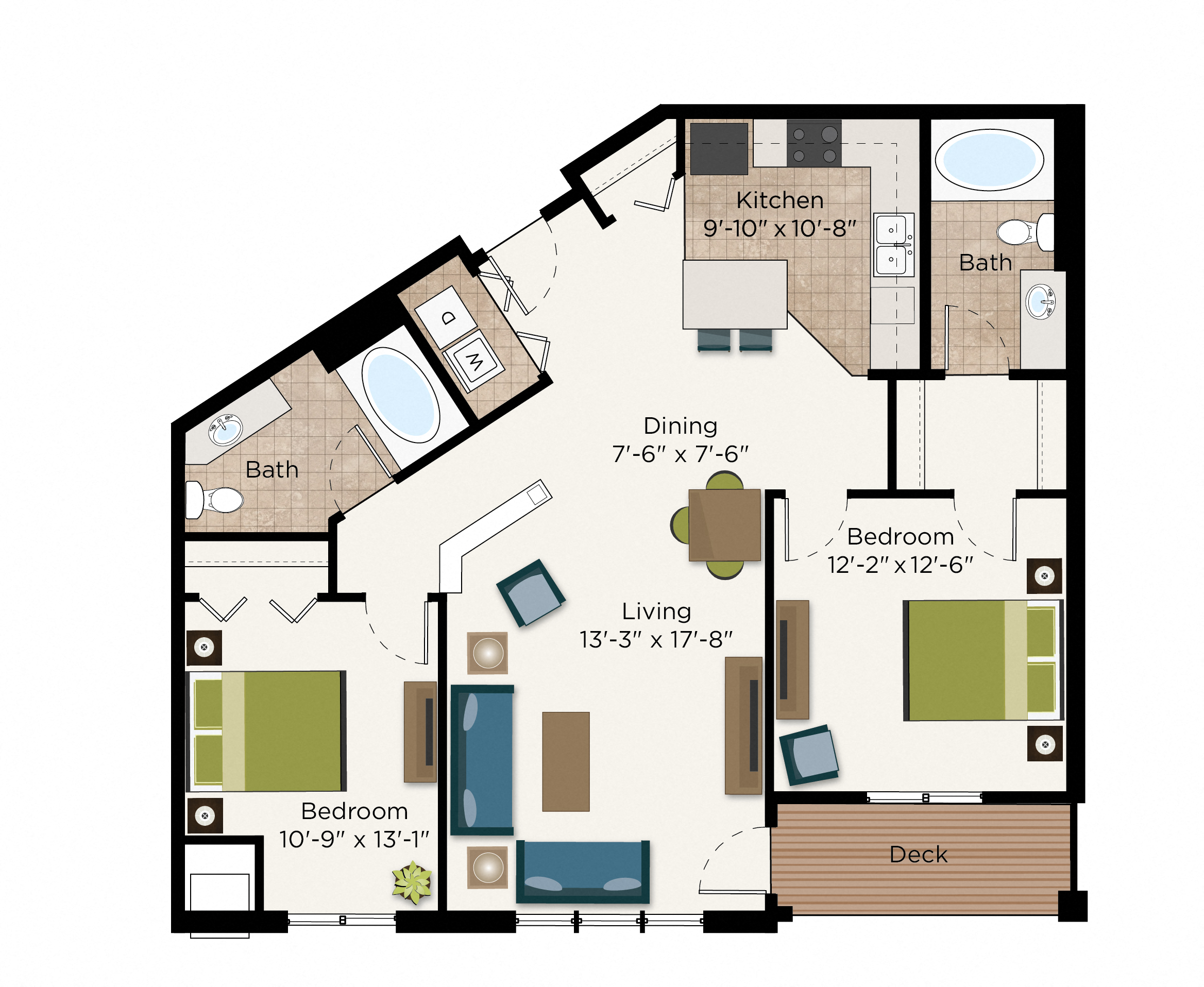 Floor plan for 2 beds, 2 baths, 1114 sqft